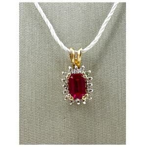 14K Yellow Gold Red Stone and .05cttw Diamond Halo Rectangular Pendant (16670)